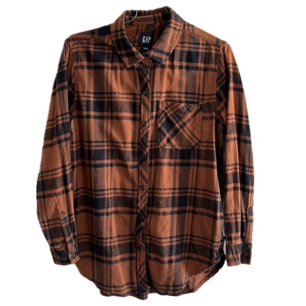GAP Women Flannel Button Down Shirt Plaid Orange Black Size Large